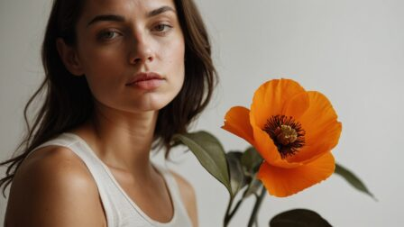 Attractive woman with dark hair holding orange poppy flower in front of face, wearing white top, natural light, white background.