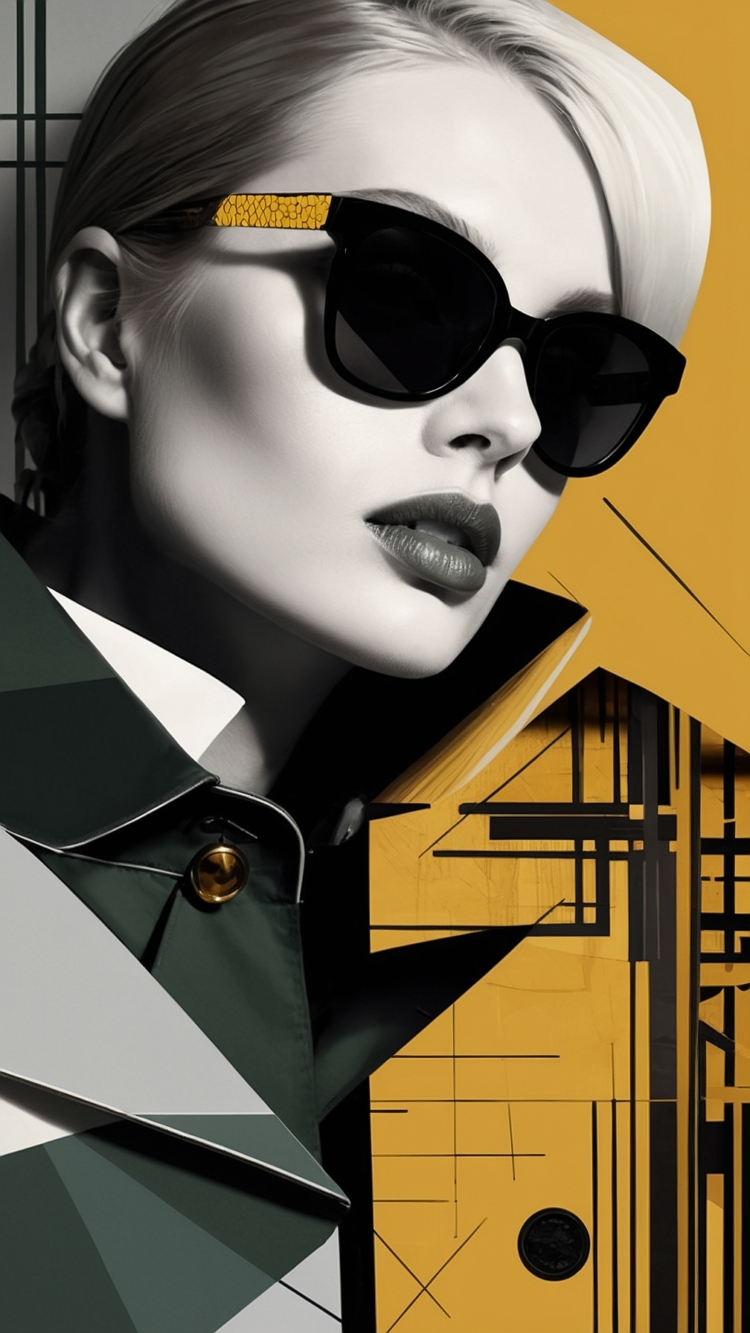 Edgy woman with sleek hair and sunglasses in bold geometric fashion portrait, graphic design style, modern architecture background.