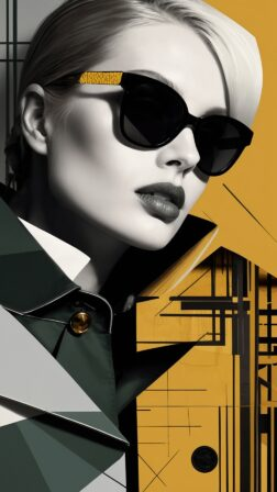Edgy woman with sleek hair and sunglasses in bold geometric fashion portrait, graphic design style, modern architecture background.