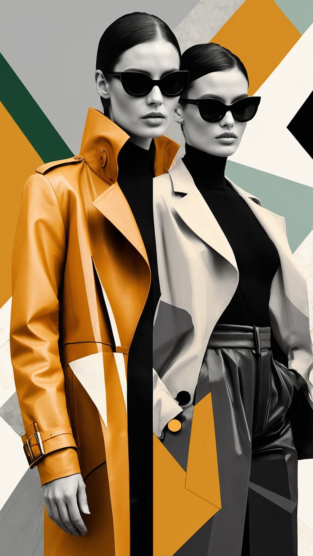 Two female models in leather trench coats and sunglasses pose against bold geometric background with minimalistic graphic cutout style.