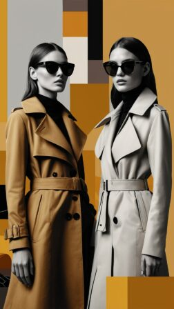 Two models in trench coats and sunglasses pose against abstract geometric background with modern minimalist luxury color palette.