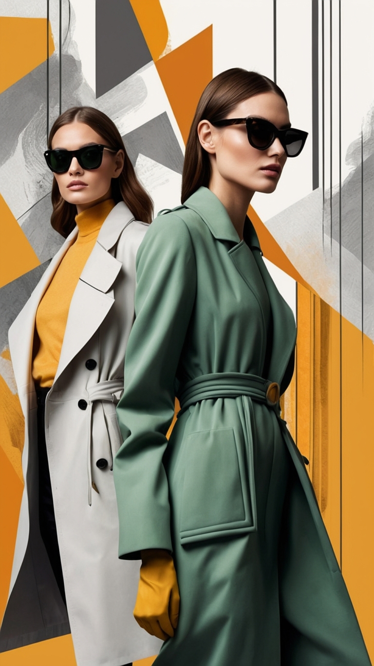 Two models in trench coats and sunglasses pose against abstract geometric background with grey, mustard yellow, and teal green tones.