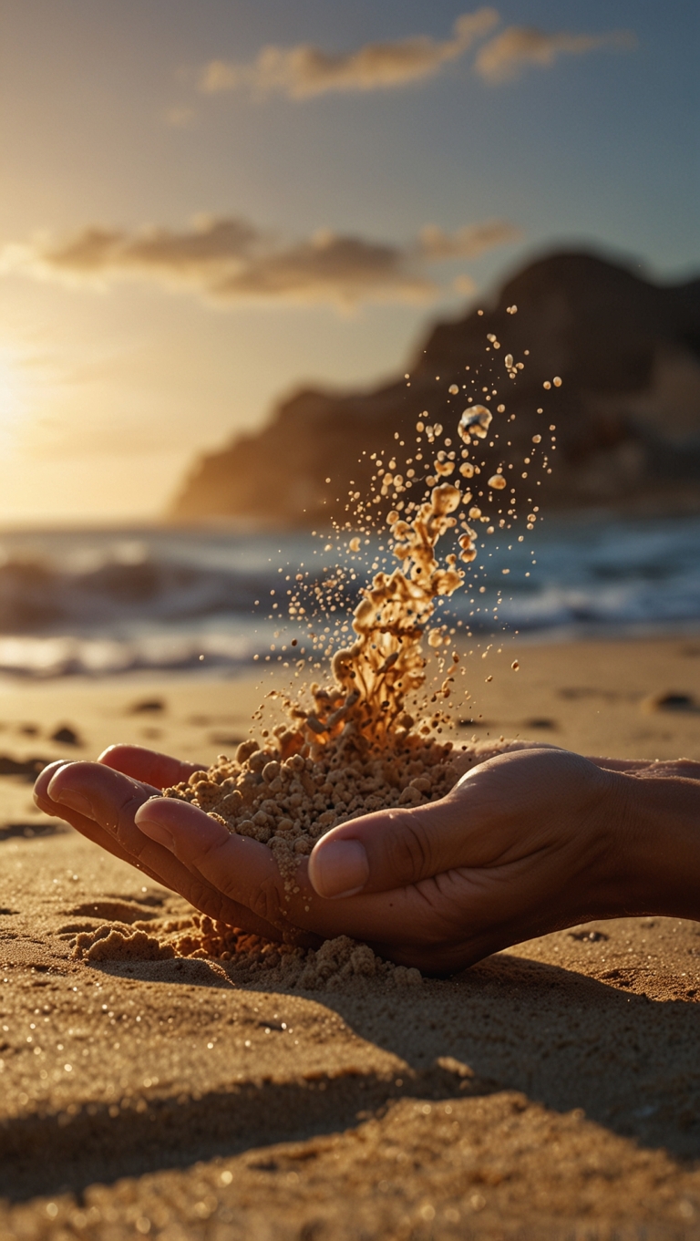 Hand throws sand into air with beach and ocean in golden hour light, highlighting grains of sand against nature.