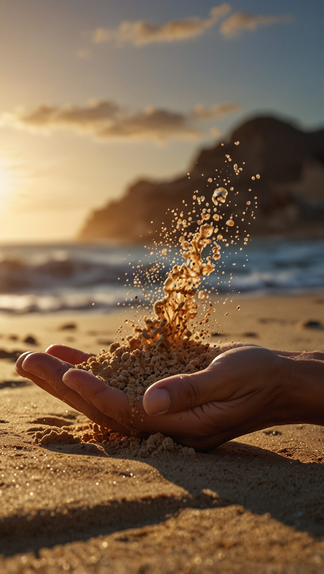 Hand throws sand into air with beach and ocean in golden hour light, highlighting grains of sand against nature.