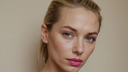 Blonde supermodel with ponytail, blue eyes, and pink lipstick poses against beige background with smooth skin and natural makeup.