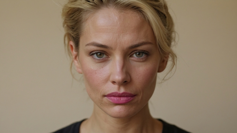 Blonde woman in late thirties with short hair, black and pink lipstick, wrinkles near eyes, neutral expression, beige background.