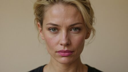 Blonde woman in late thirties with short hair, black and pink lipstick, wrinkles near eyes, neutral expression, beige background.
