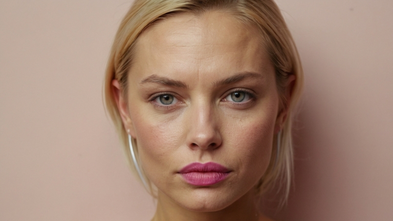 Close-up portrait of blonde woman with blue eyes and pink lipstick against pastel background showing natural beauty.