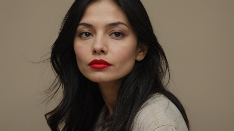 Portrait of woman with long black hair, red lipstick, and beige top against neutral background looking at camera.