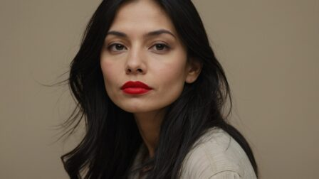 Portrait of woman with long black hair, red lipstick, and beige top against neutral background looking at camera.