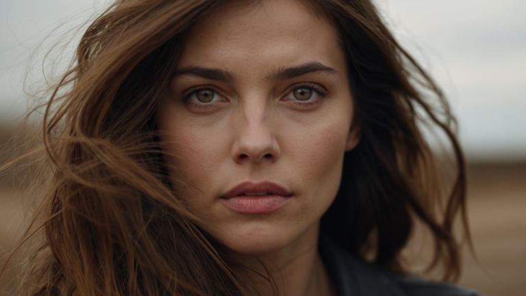 Cinematic portrait of woman with brown hair, glossy lips, and dark blue outfit in open field under grayish-white sky.