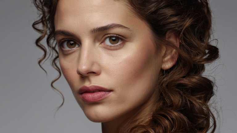 Portrait of attractive woman in late thirties with wavy brown hair, hazel eyes, full lips, and smooth skin.