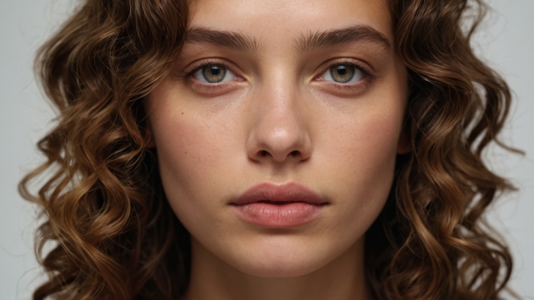 Close-up portrait of woman with curly brown hair, minimal makeup, and expressive eyes against white background, soft lighting, confident gaze.