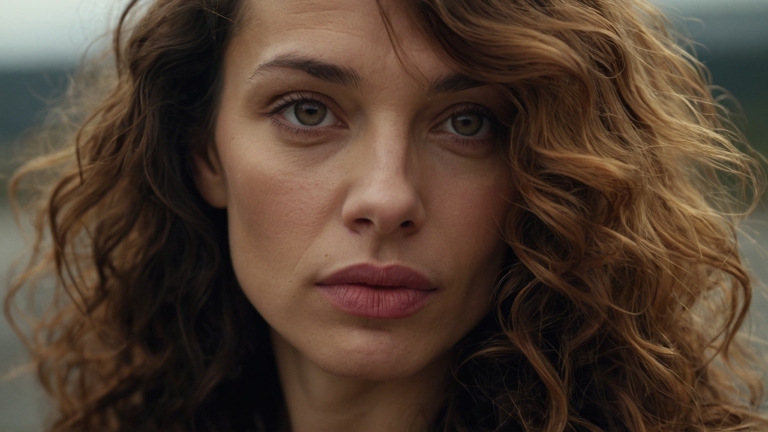 Cinematic close-up of Alex Tomlinson with curly brown hair and confident gaze in open field with wind and natural beauty.