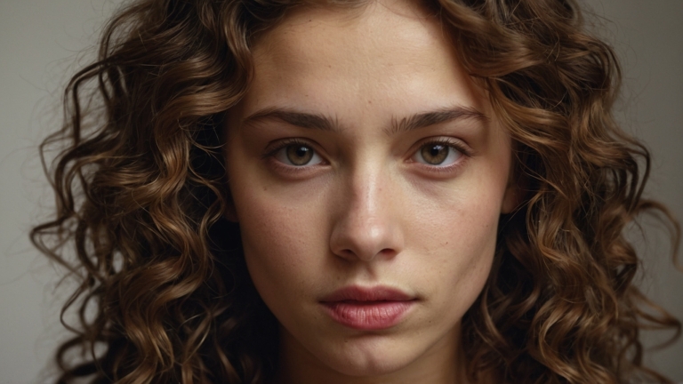 Close-up portrait of woman with curly brown hair, piercing eyes, and natural makeup against neutral background, confident gaze.