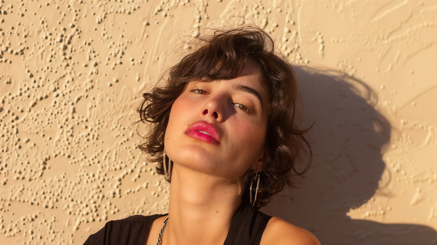 Portrait of woman with short dark hair, pink lipstick, and black top leaning against beige wall in sunlight with shadow.