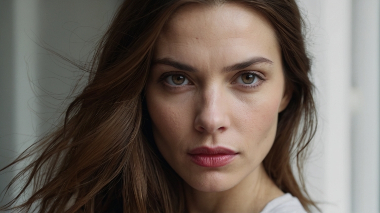 Portrait of French woman with long brown hair, subtle wrinkles, and white shirt facing camera, showing natural beauty.