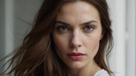 Portrait of French woman with long brown hair, subtle wrinkles, and white shirt facing camera, showing natural beauty.