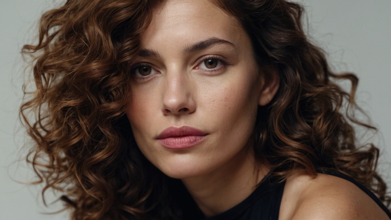 headshot of a beautiful actress, with curly hair, soft lighting, and a neutral background. the woman is 35 years old, with a medium skin tone, pink lips, and wearing a black dress.