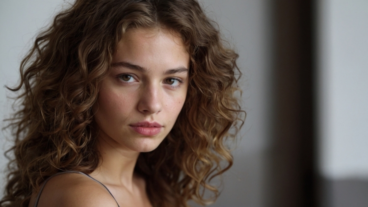 Close-up portrait of young woman with curly brown hair, tank top, and shorts, lit by window light against white wall.