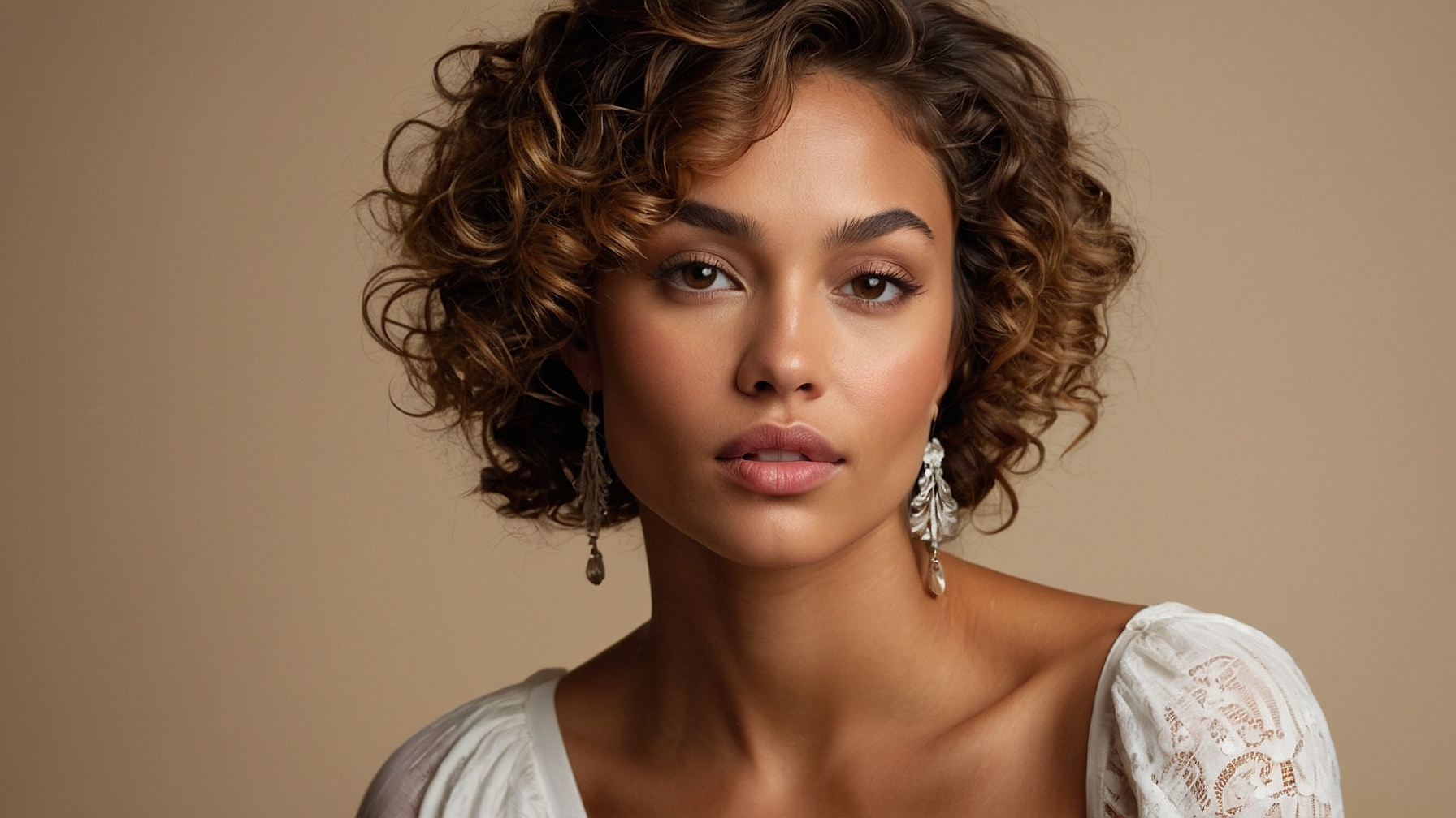 Portrait of African American woman with short curly hair, earrings, and white dress against beige background with soft lighting.