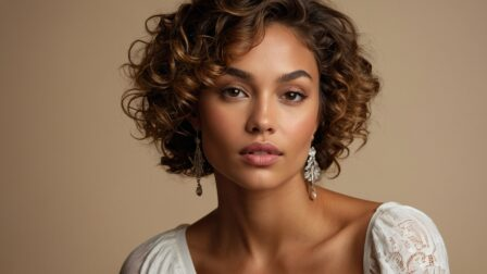Portrait of African American woman with short curly hair, earrings, and white dress against beige background with soft lighting.