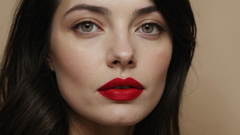 Close-up portrait of woman with long dark hair, bright red lips, subtle eye makeup, and clear skin against beige background. Close-up portrait of woman with long dark hair, bright red lips, subtle eye makeup, and clear skin against beige background.