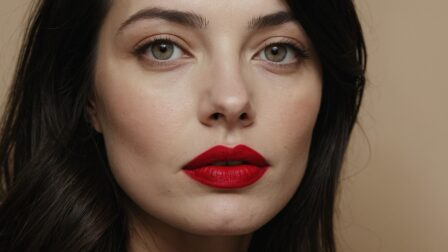 Close-up portrait of woman with long dark hair, bright red lips, subtle eye makeup, and clear skin against beige background. Close-up portrait of woman with long dark hair, bright red lips, subtle eye makeup, and clear skin against beige background.