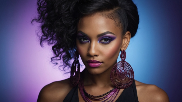 Close-up portrait of Black woman with purple makeup, high ponytail, earrings, and elegant outfit against solid background.