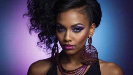 Close-up portrait of Black woman with purple makeup, high ponytail, earrings, and elegant outfit against solid background.