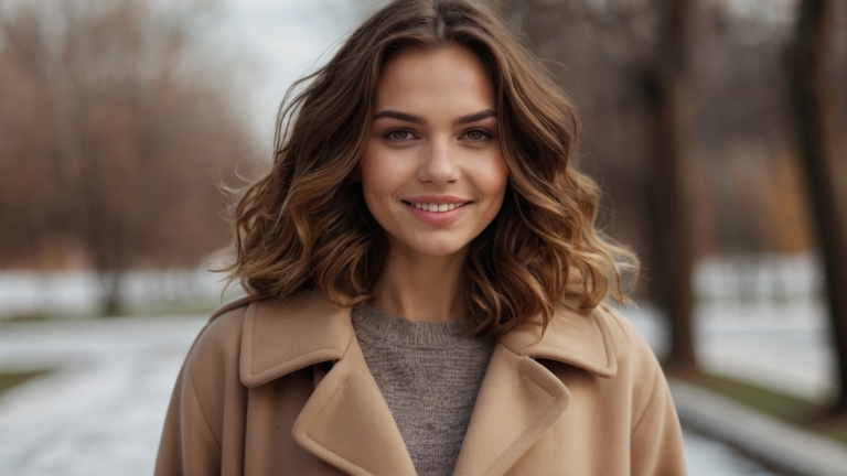 Photo of Russian woman with wavy brown hair, beige coat, and gray sweater smiling in park under natural daylight.