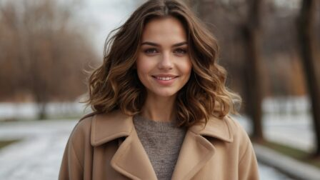 Photo of Russian woman with wavy brown hair, beige coat, and gray sweater smiling in park under natural daylight.