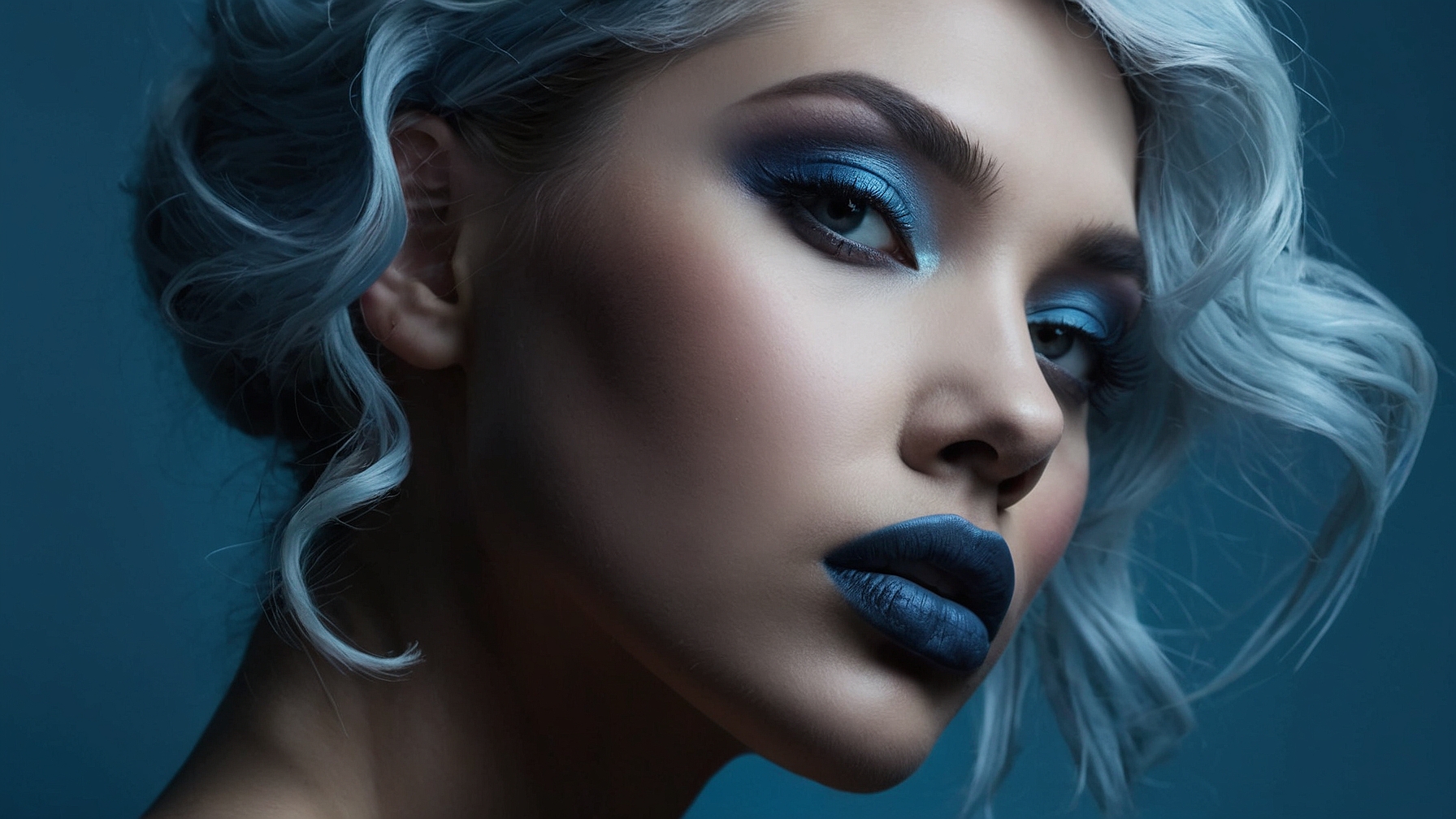 Portrait of woman with silver hair, blue makeup, and dark lipstick against deep sky blue background, striking bold look.