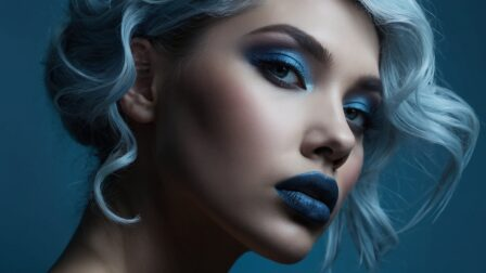 Portrait of woman with silver hair, blue makeup, and dark lipstick against deep sky blue background, striking bold look.