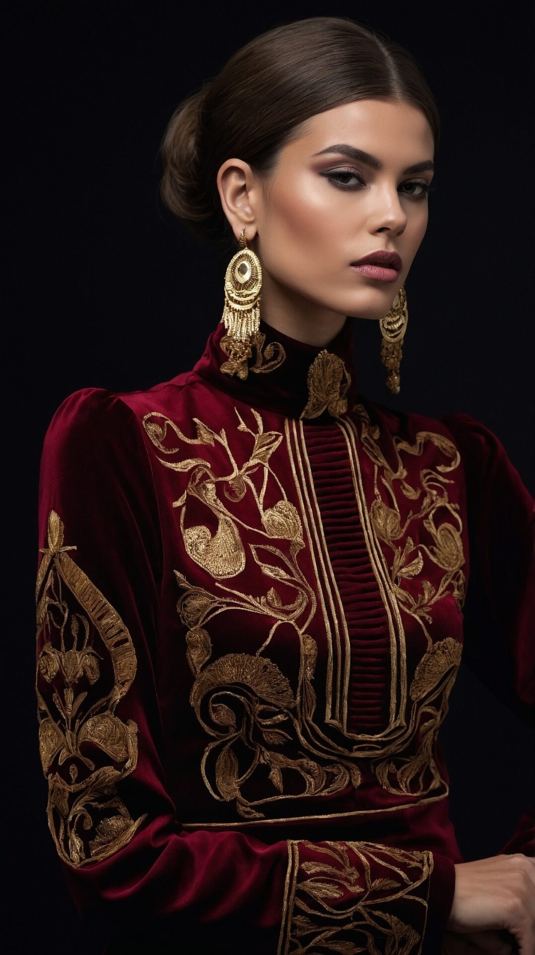 Model in dark red velvet dress with gold embroidery and earrings, elegant and luxurious look on black background.
