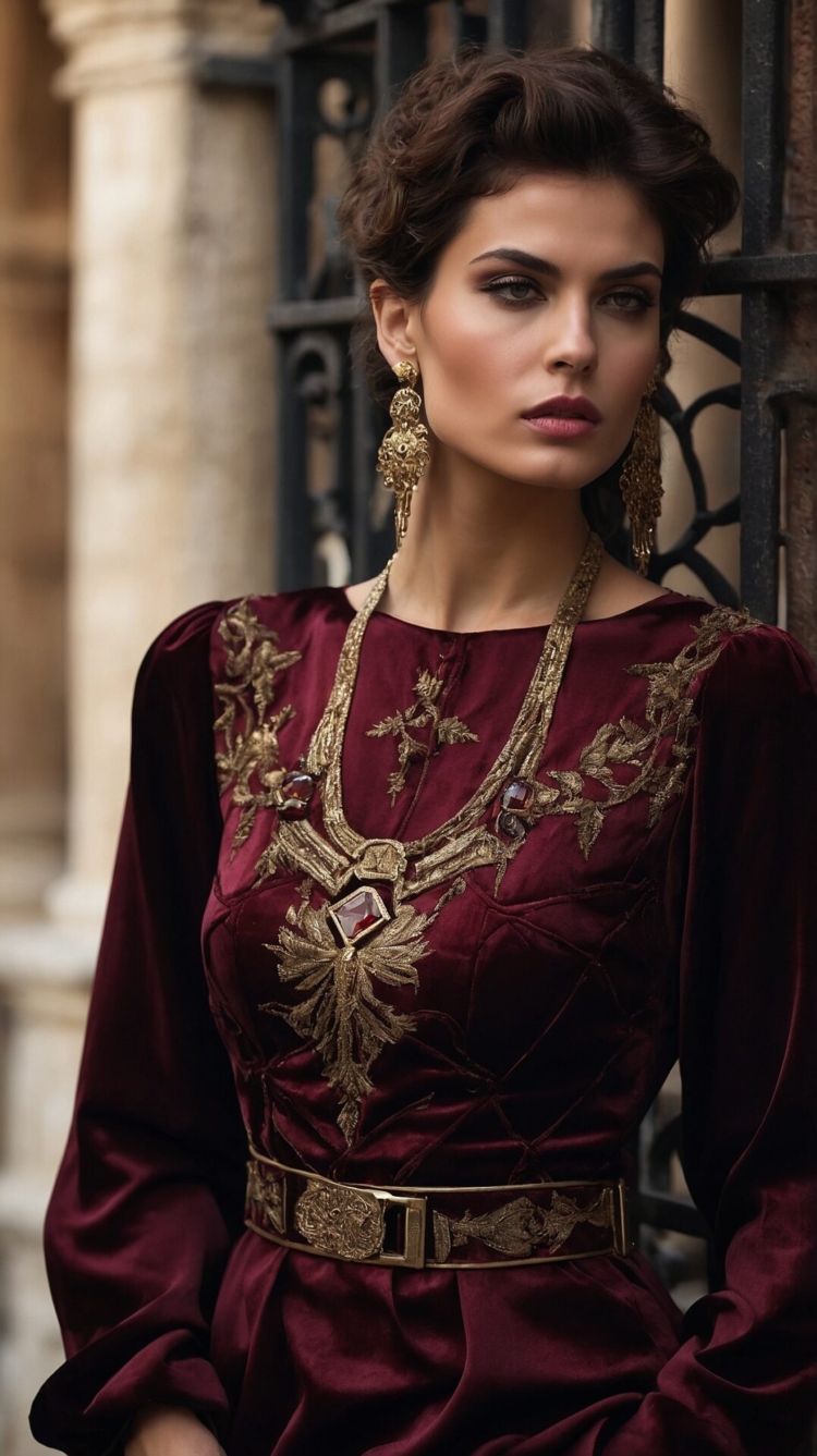 Model in burgundy velvet dress with gold embroidery and black-stone earrings, standing near old castle gate in rich colors.