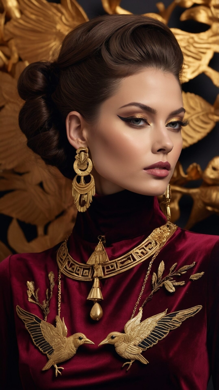 Woman in red velvet sweater with gold jewelry and eagle-wing decor, ancient Egypt background with pharaohs.