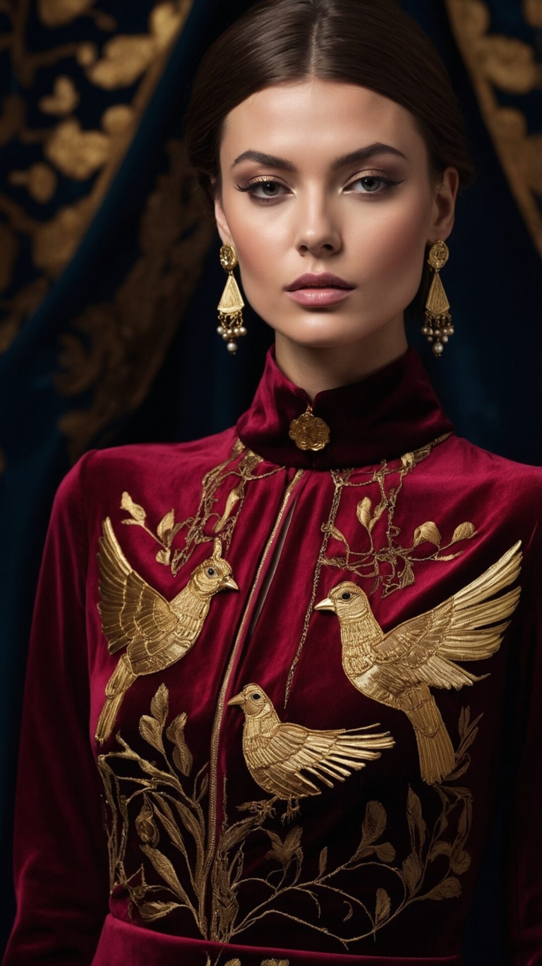 Italian model in velvet dress with gold bird embroidery and earrings, set against ancient Roman background, close-up shot.