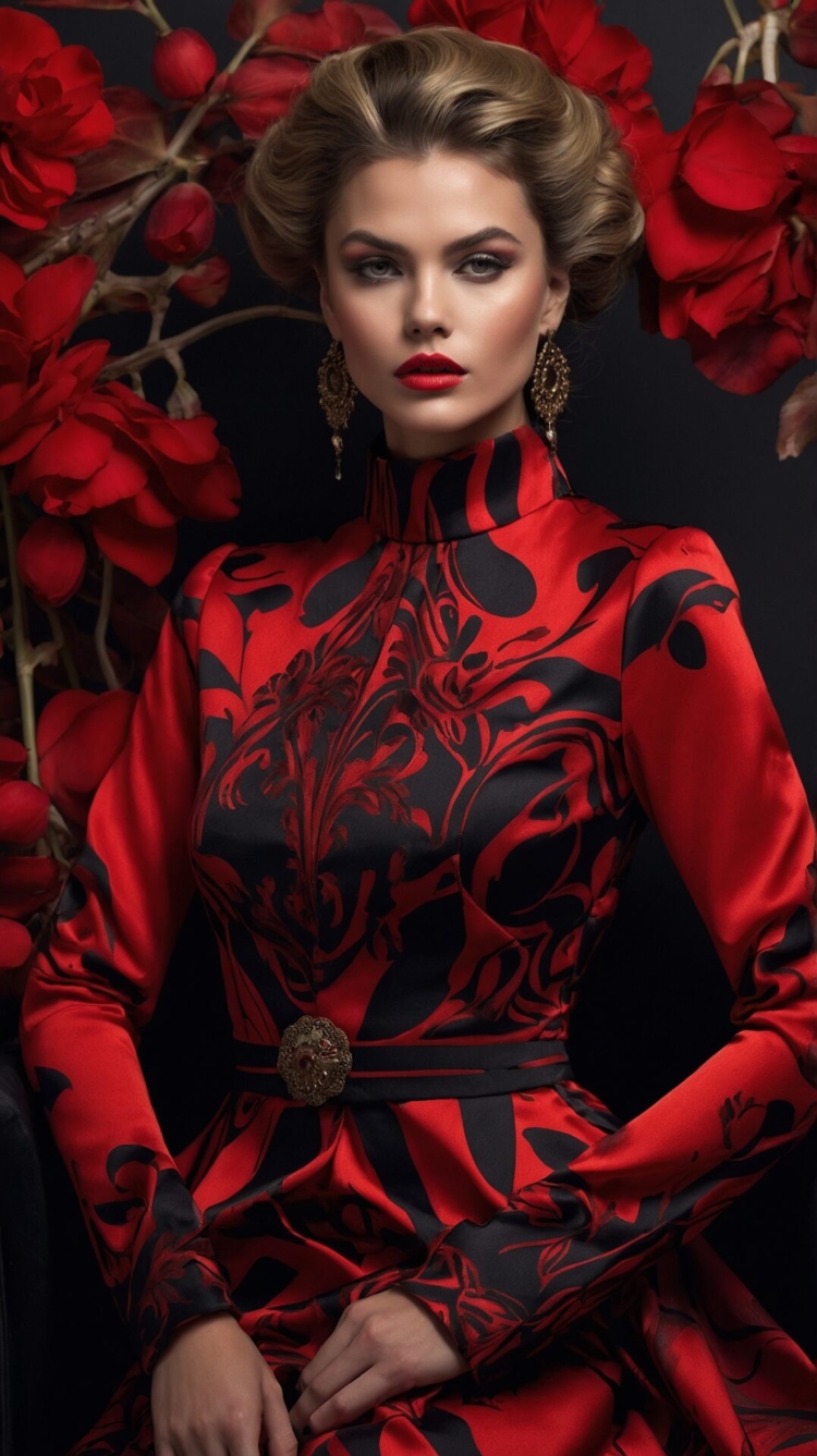 Woman in red and black dress with red lips and roses background, haute couture fashion portrait with cinematic lighting.