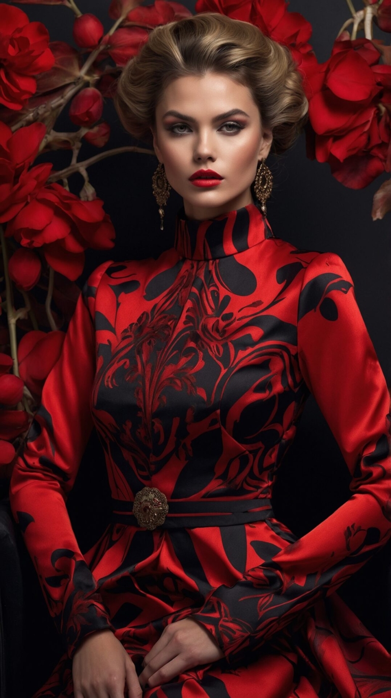 Woman in red and black dress with red lips and roses background, haute couture fashion portrait with cinematic lighting.