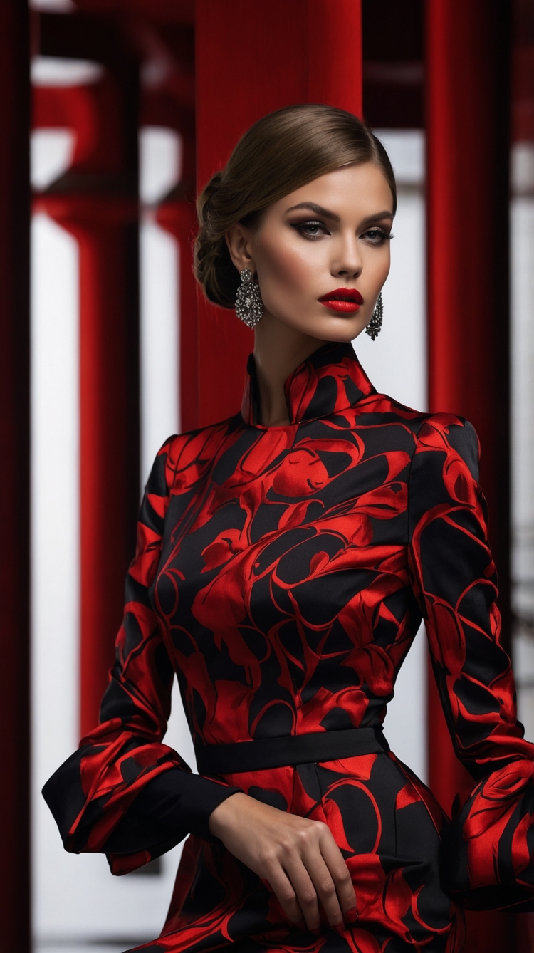 Model in red and black Chinese-patterned dress with updo and makeup, posing by red columns and dark gray walls.