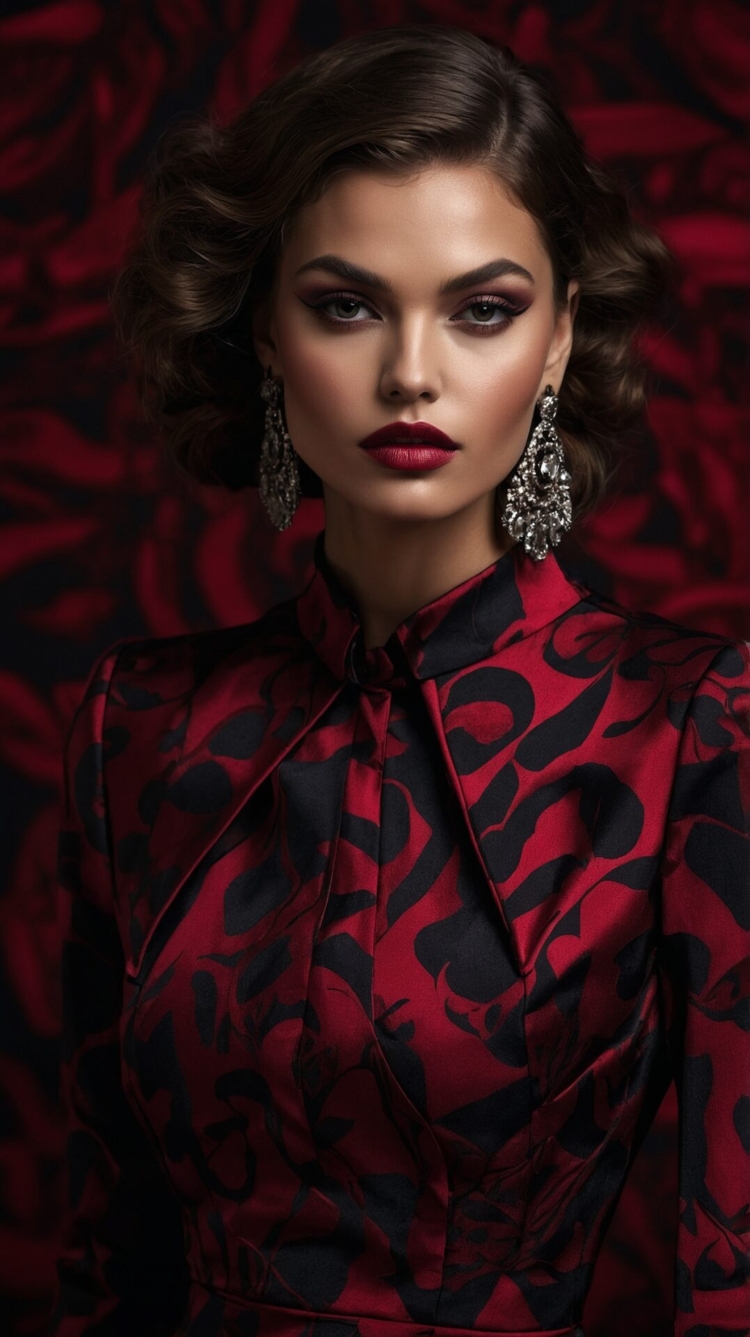 Woman in red and black blouse with updo, bold makeup, and earrings posing confidently against a dark background.