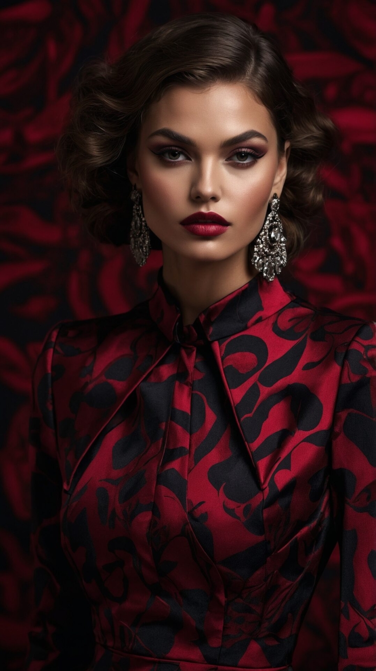Woman in red and black blouse with updo, bold makeup, and earrings posing confidently against a dark background.