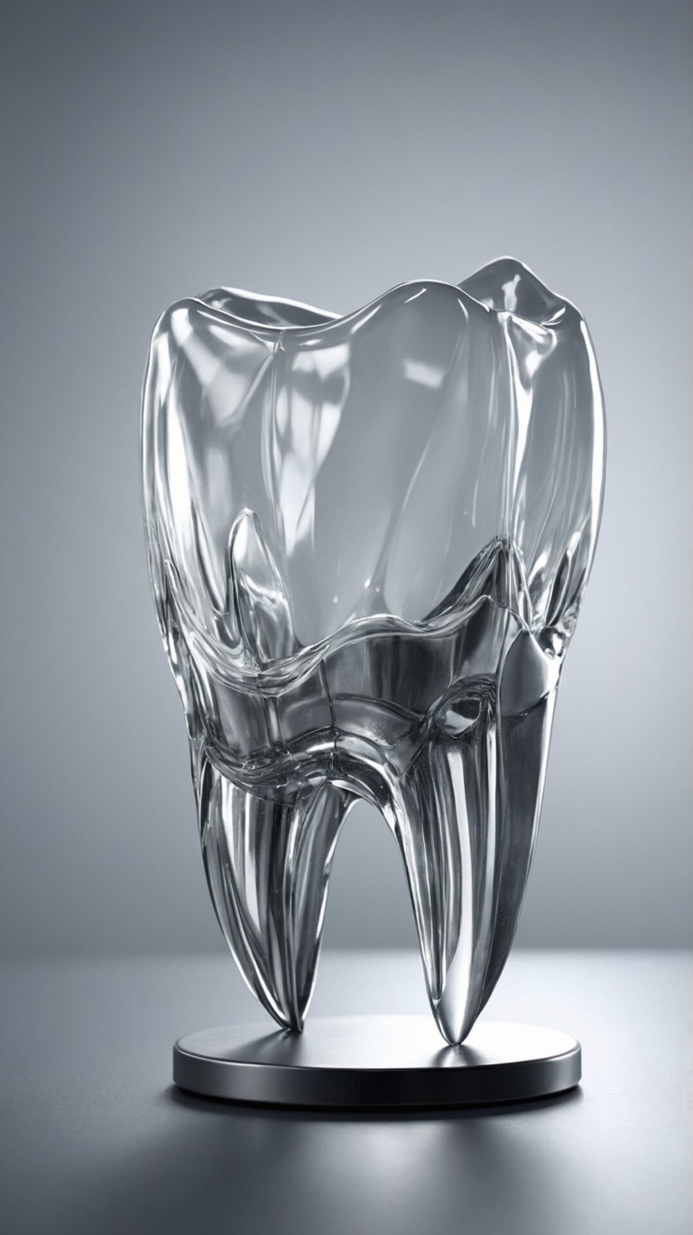 Glass tooth sculpture with transparent texture, lit in a studio with white background and high-resolution detail for commercial use.