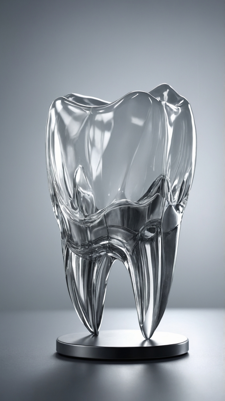 Glass tooth sculpture with transparent texture, lit in a studio with white background and high-resolution detail for commercial use.