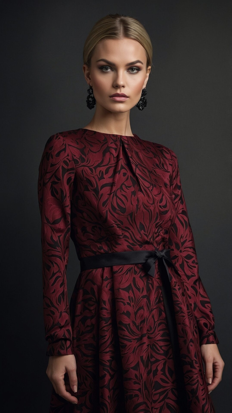 Blonde woman in burgundy floral dress with waist belt, posing confidently against black background in a fashion photoshoot.