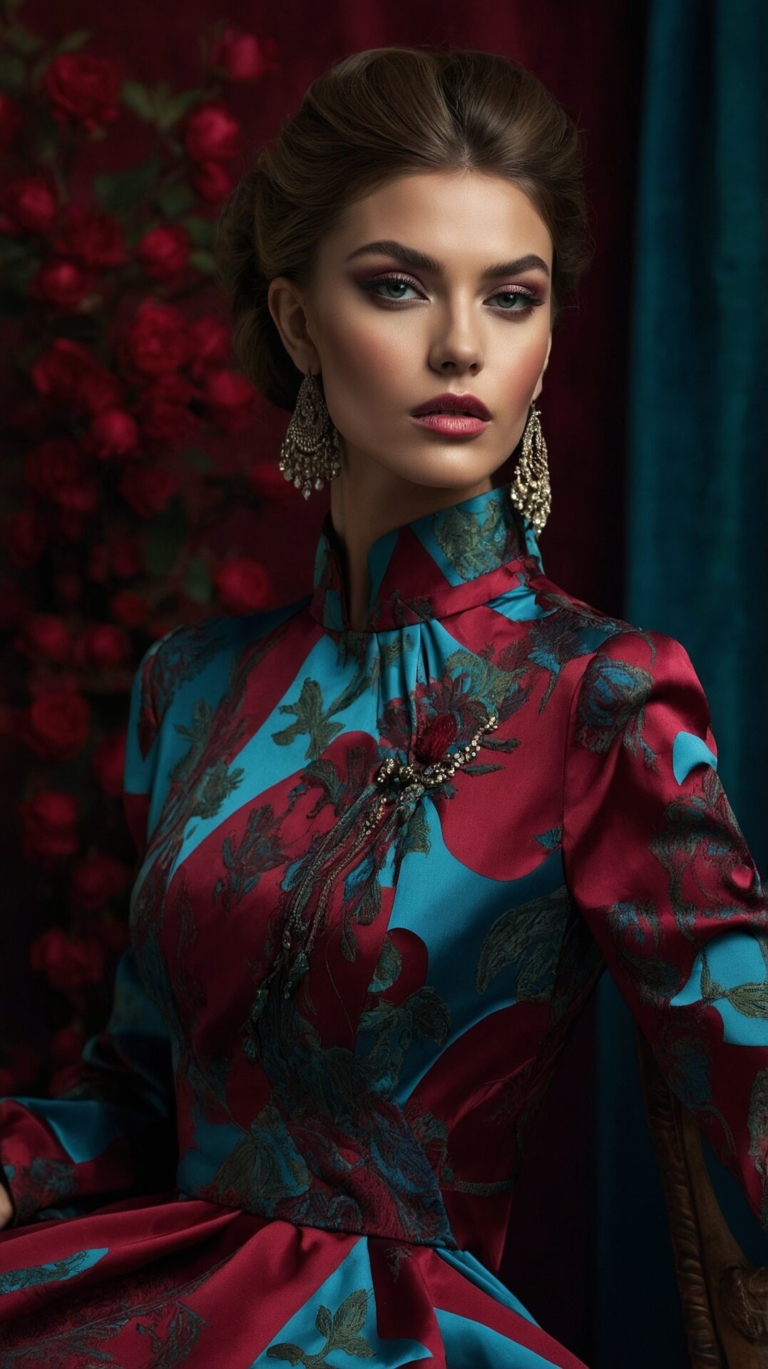 Elegant woman in burgundy and teal floral dress sitting on velvet chair with bold makeup in editorial photo shoot.
