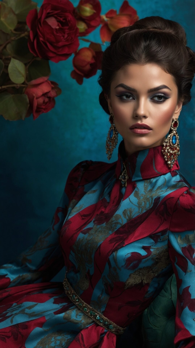 Persian woman in rose-patterned silk evening dress with updo hairstyle and earrings, posing against a blue floral background.