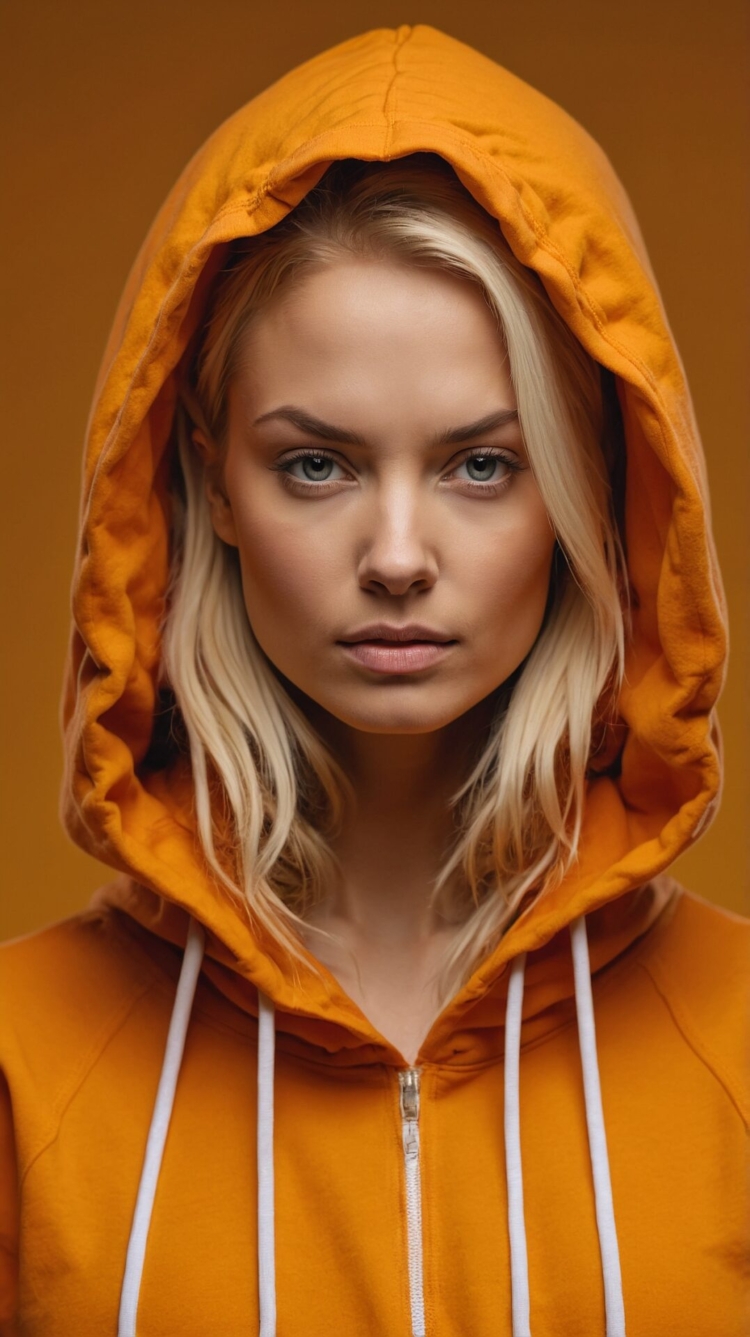 Blonde woman in orange hoodie with white zipper, confident look, soft lighting, solid light background.
