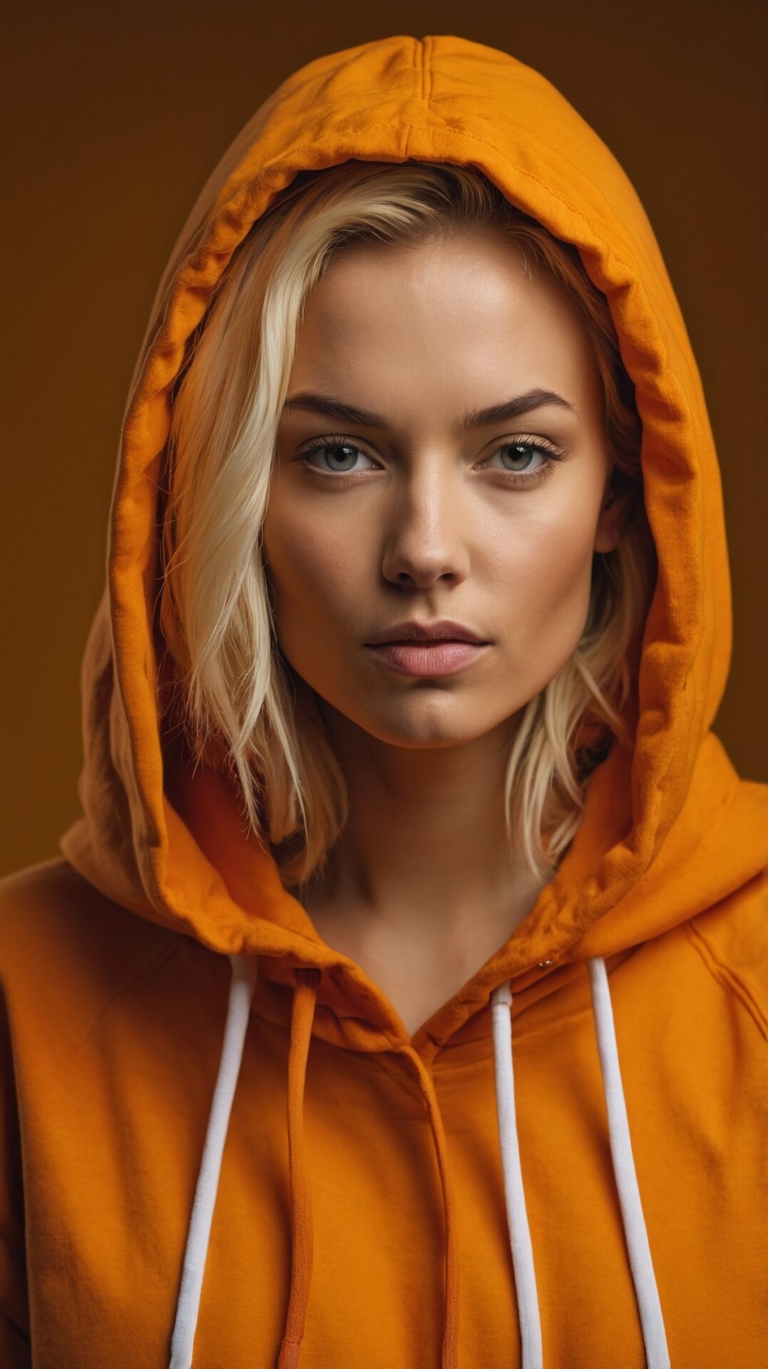 Blonde woman in orange hoodie, looking into camera with high-detail face and eyes, dark brown background.